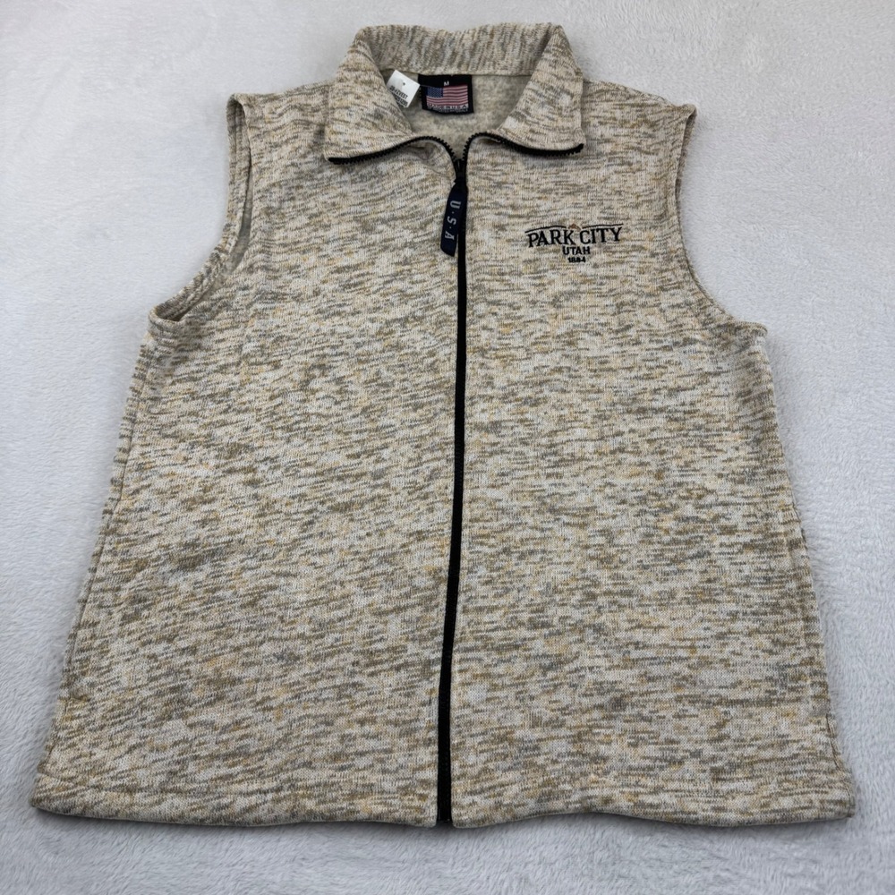 Park City Utah Fleece Vest Men Medium Oatmeal Marl Full Zip Embroidered USA Made